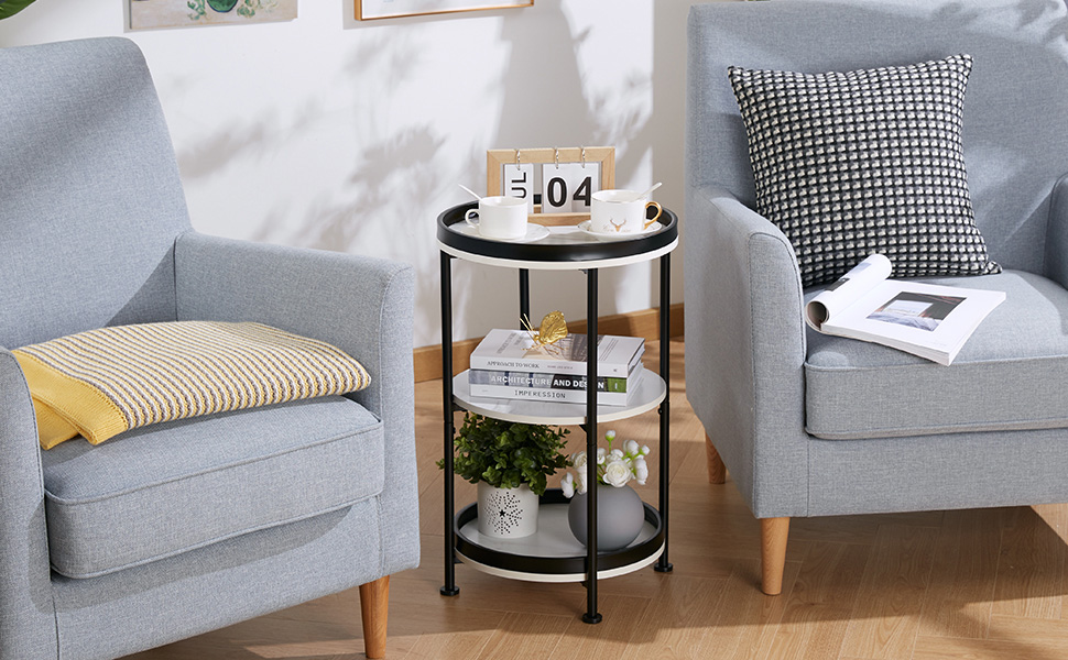Dulcii Marble White Round End Table, 3 Tiers Round Side Table with