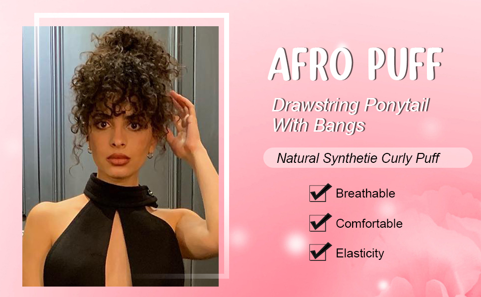 Short Natural Black Clip in Bangs Ponytail with Bangs Drawstring Updo Hairpieces,