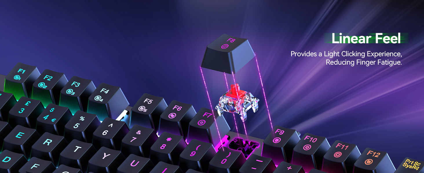 Mechanical keyboard with colorful keycaps. Text 'Linear Feel' visible. Purple lighting effect in background suggests RGB illumination feature.
