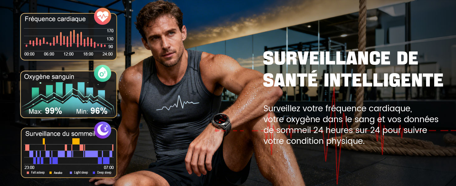 Le texte indique « SANTÉ INTELLIGENTE » et « SURVEILLANCE DE ». Interface numérique de surveillance de la santé affichée sur un appareil intelligent avec des écrans et des mesures de suivi de l'activité.