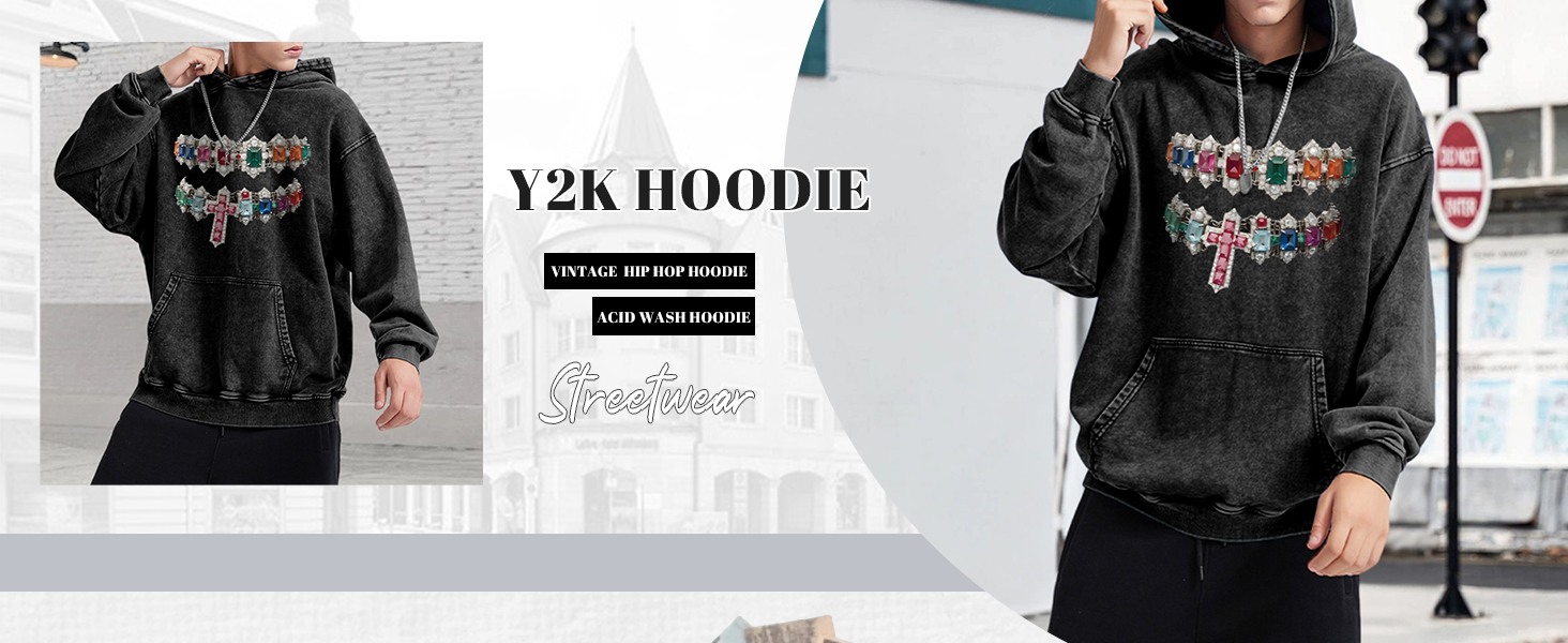 Graphic Hoodies for Men Y2k Vintage Oversized Hoodie Acid Wash Streetwear Pullover