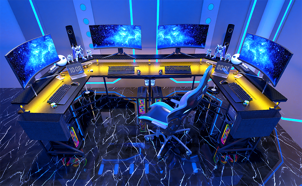 QIAYA LShaped Computer Desk with LED Lights & Power