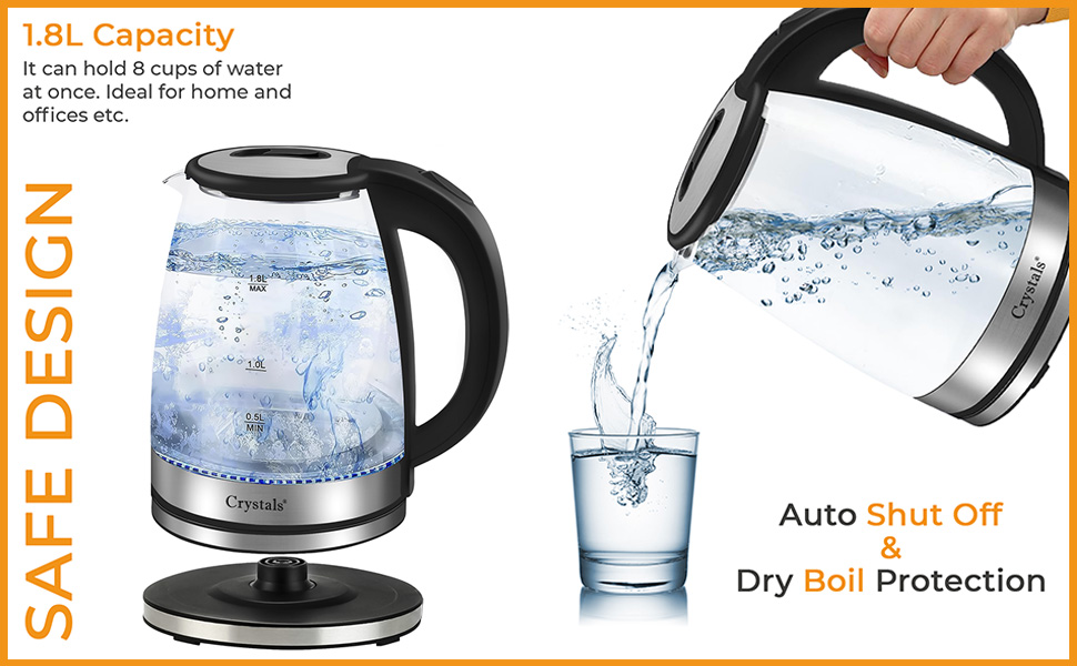 Crystals 1.8L/1500W Glass Electric Kettles, Glass Kettle with Blue LED