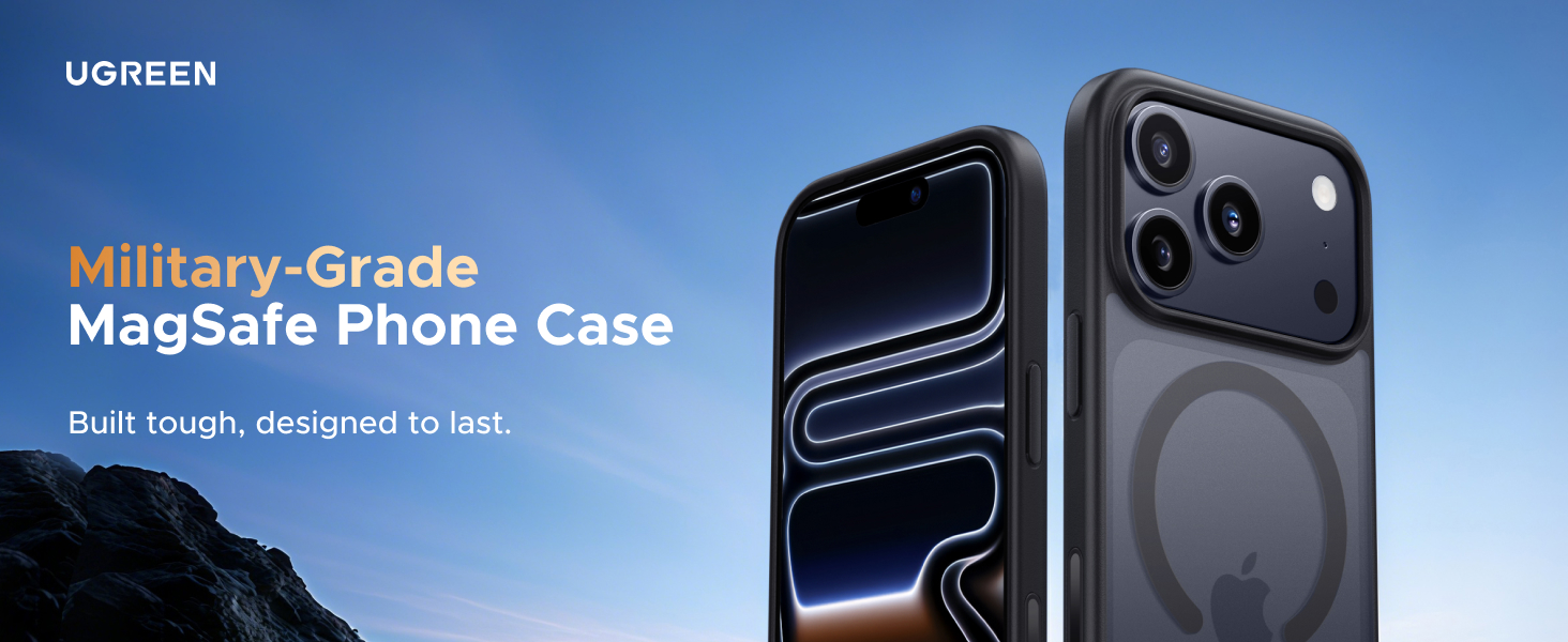 Text reads 'Military-Grade MagSafe Phone Case'. Product images showing black phone case with reinforced corners and MagSafe compatibility, displayed against blue background.