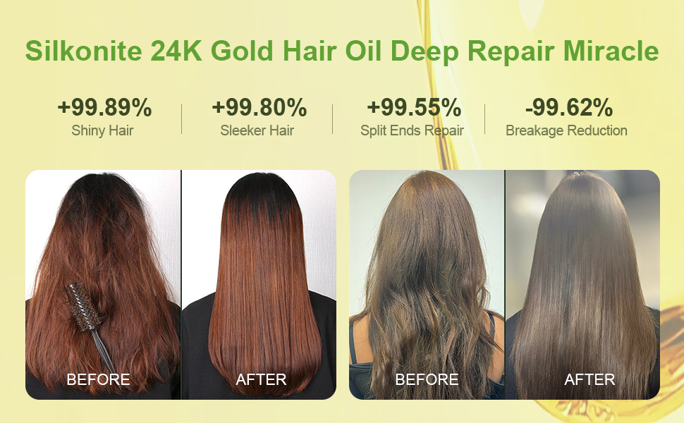 before and after using 24K gold hair oil, reduces frizz, boosts shine, healthy smooth hair