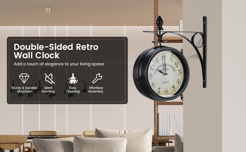 GiantexUK Metal Double Sided Wall Clock, Outdoor & Indoor Classic