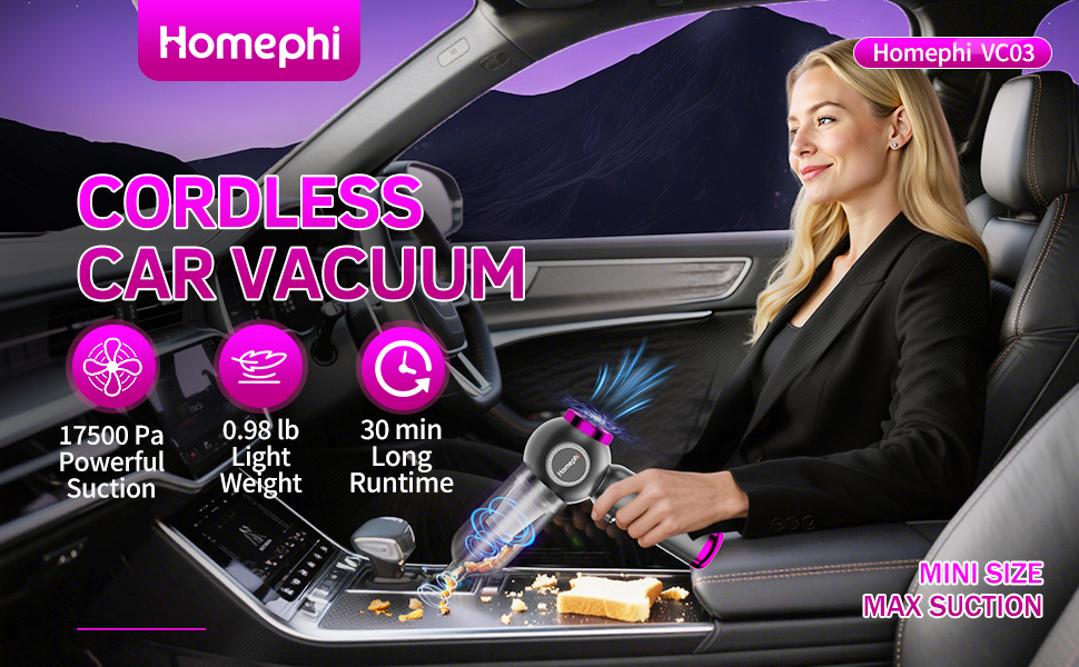 Homephi Cordless Car Vacuum with Mini Size Max Suction Makes Car Cleaning Efficient