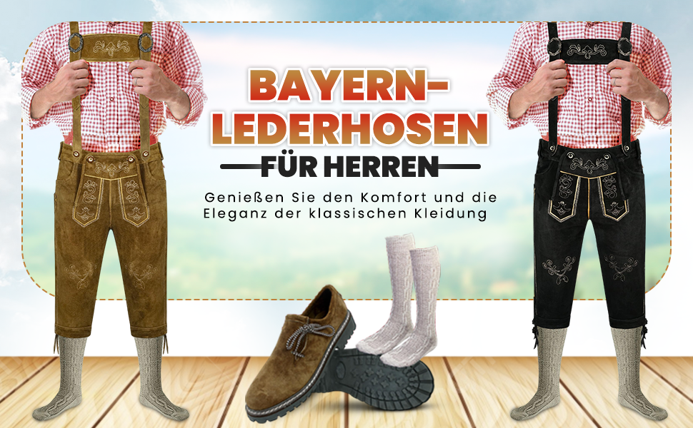 Traditional Bavarian lederhosen display showing brown and black leather shorts with matching checkered shirts and traditional shoes against wooden floor backdrop.