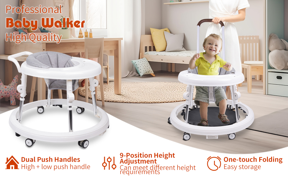 Double Push Handle Baby Walker, Foldable 9Gear Height