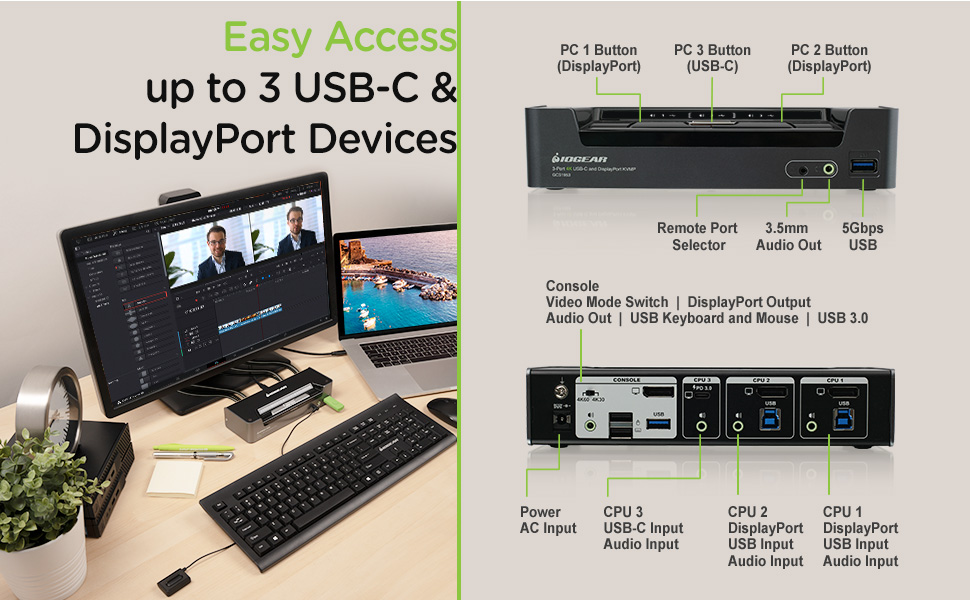 IOGEAR 3Port 4K USBC DisplayPort KVMP Switch 45W USBC