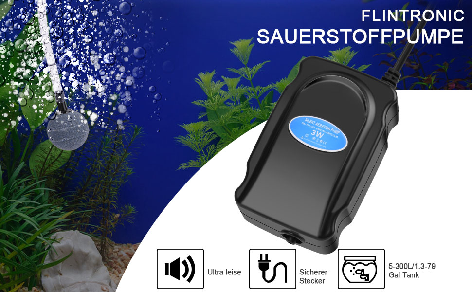 Schwarze Flintronic Sauerstoffpumpe für Aquarien. Zu den Funktionen gehören ein besonders leiser Betrieb, ein Energiesparmodus und ein einstellbarer Luftstrom, der durch Symbole angezeigt wird.