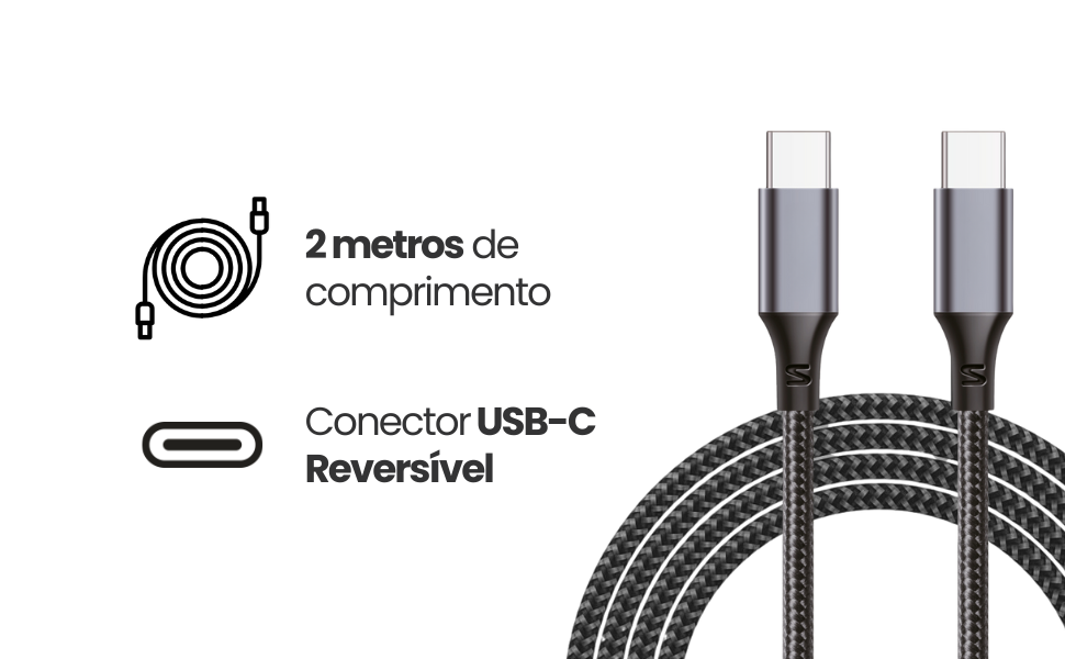 cabo trançado, 2 metros, conector usb c, cabo reforçado, comprimento, 2m
