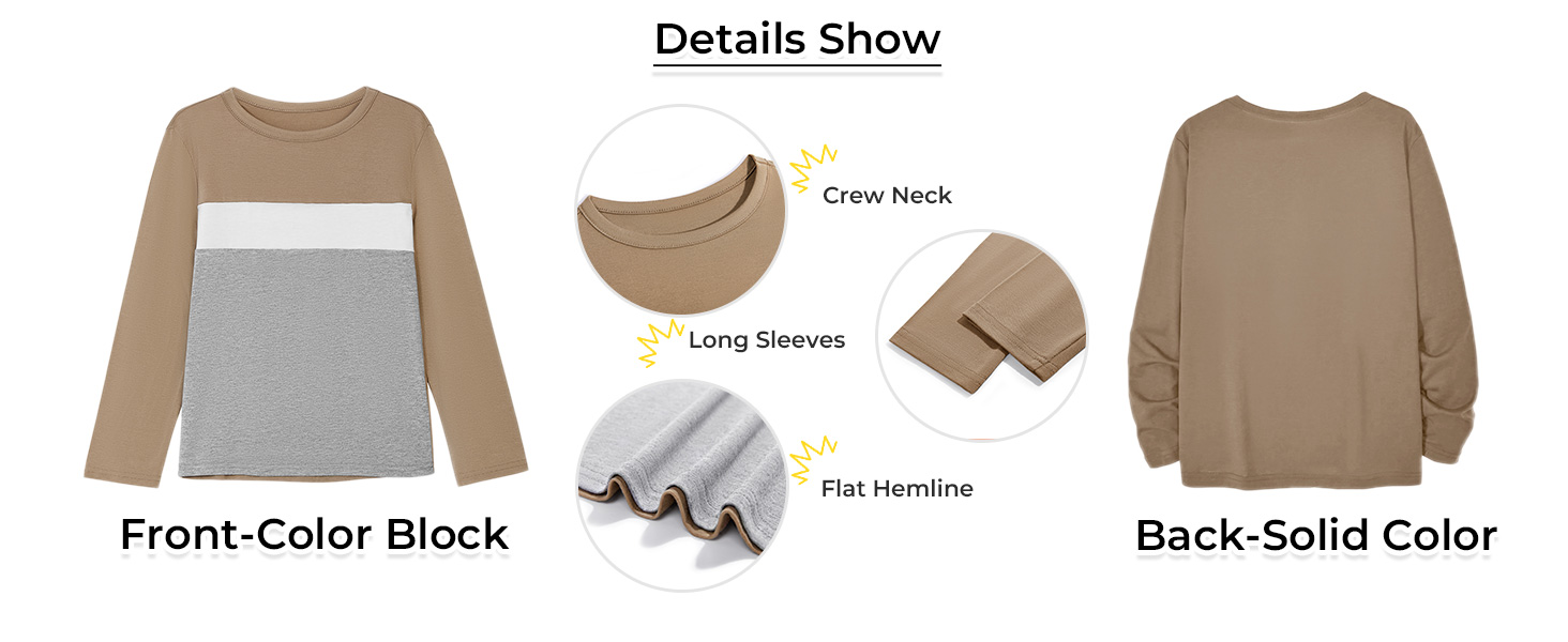 Boys Long Sleeve Shirts Kids Fashion Fall Tops Crewneck Color Block Tees
