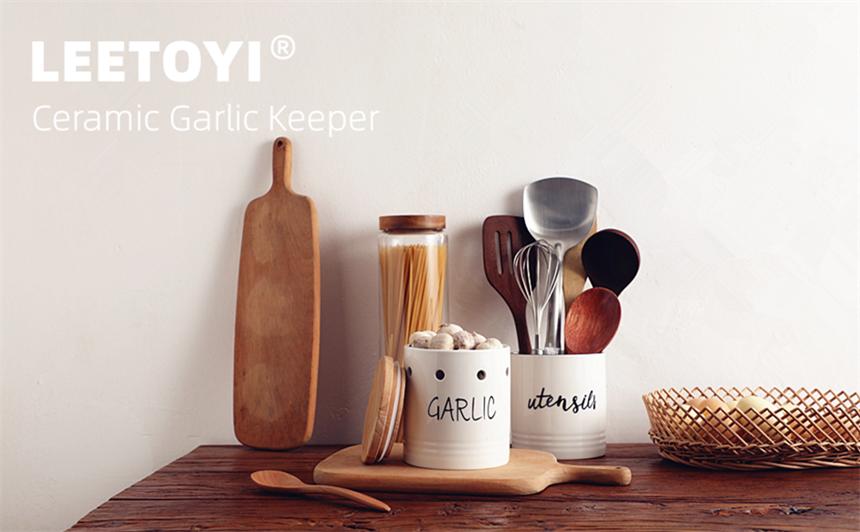 Ceramic Garlic Keeper with Wood Lid, Garlic Container for