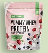 Le texte indique « YUMMY WHEY PROTEIN ». Photos de produits montrant un emballage de poudre protéinée rose avec des illustrations de fruits sur fond vert pâle.