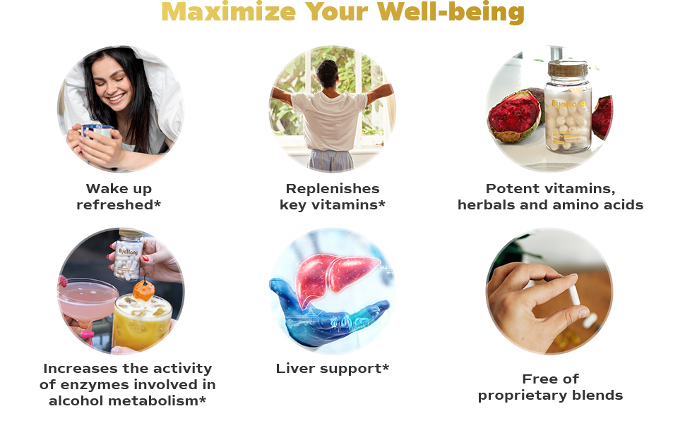 Wake up refreshed, increases the activity of enzymes involved in alcohol metabolism