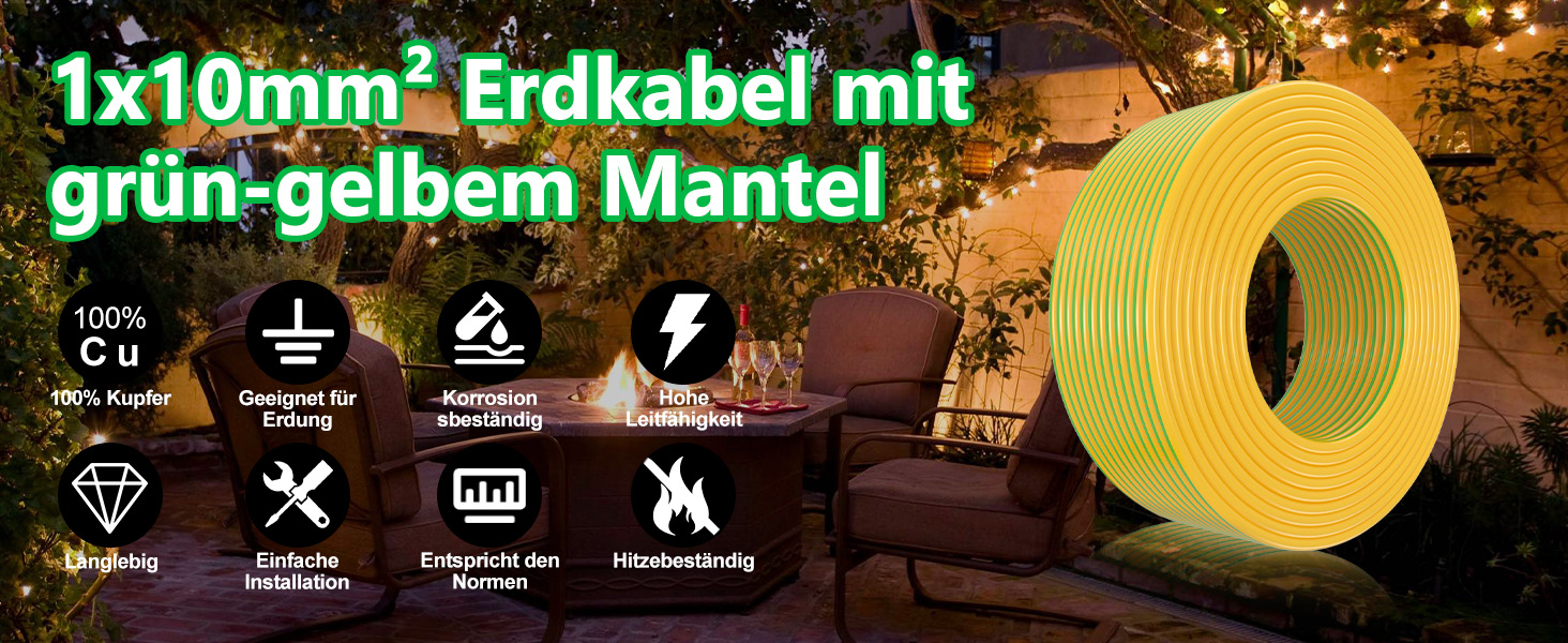 Produktbild für gelbgrünes Elektrokabel mit Symbolen mit technischen Spezifikationen. Das Kabel erscheint spiralförmig vor dunklem Hintergrund