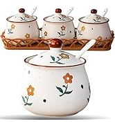 Orkim Kitchen Ceramic Condiment Jars with Lids and Spoons, 3 Piece Porcelain Seasoning Jar Set fo...