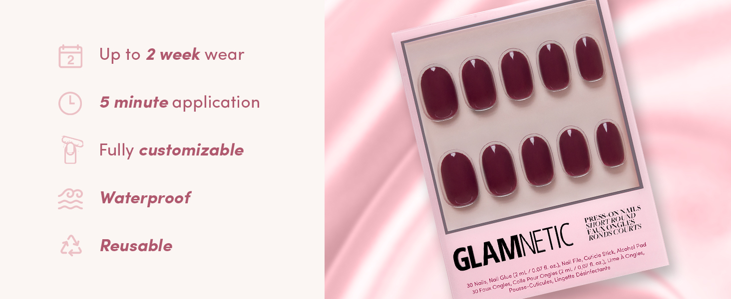 Up to 2 weeks Wear nails and Easy to apply Glamnetic Press On Nails - Berry Maroon