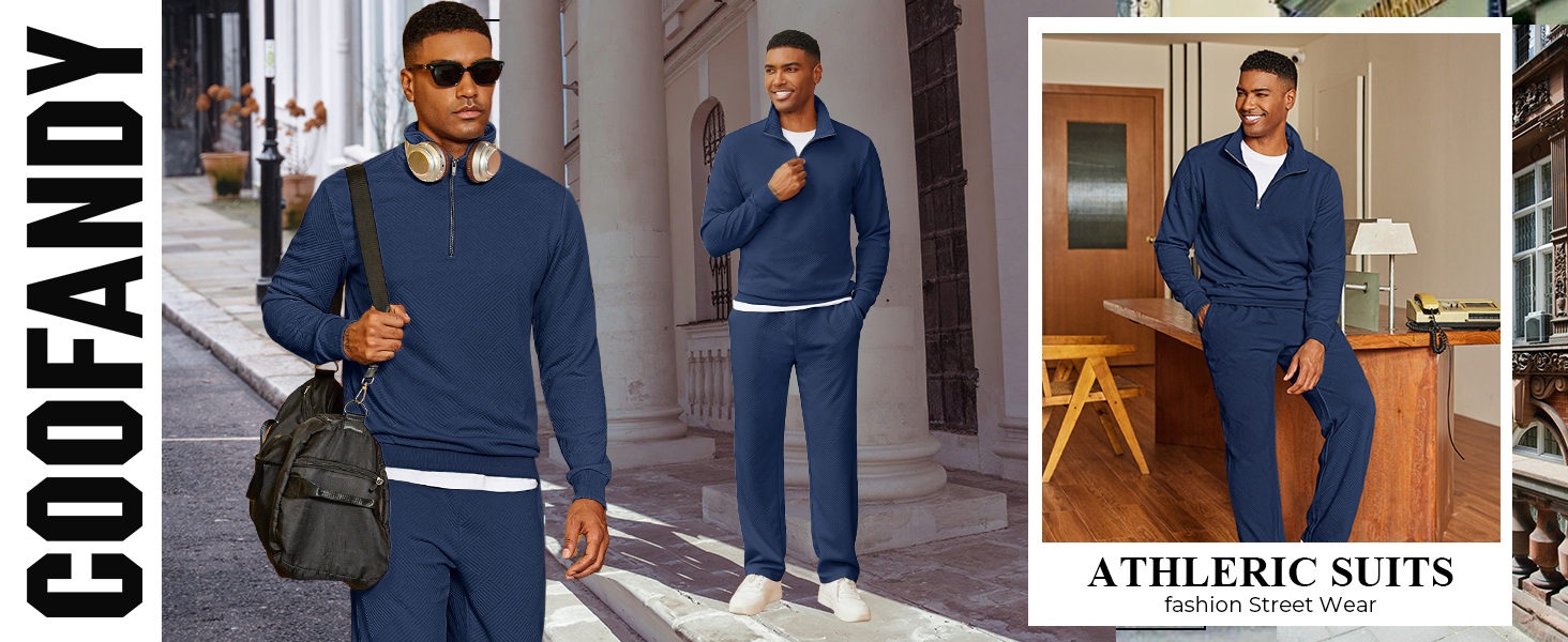 2 piece men sweatsuit 1/4 zip mens tracksuit 80s outfit for men casual formal outfits