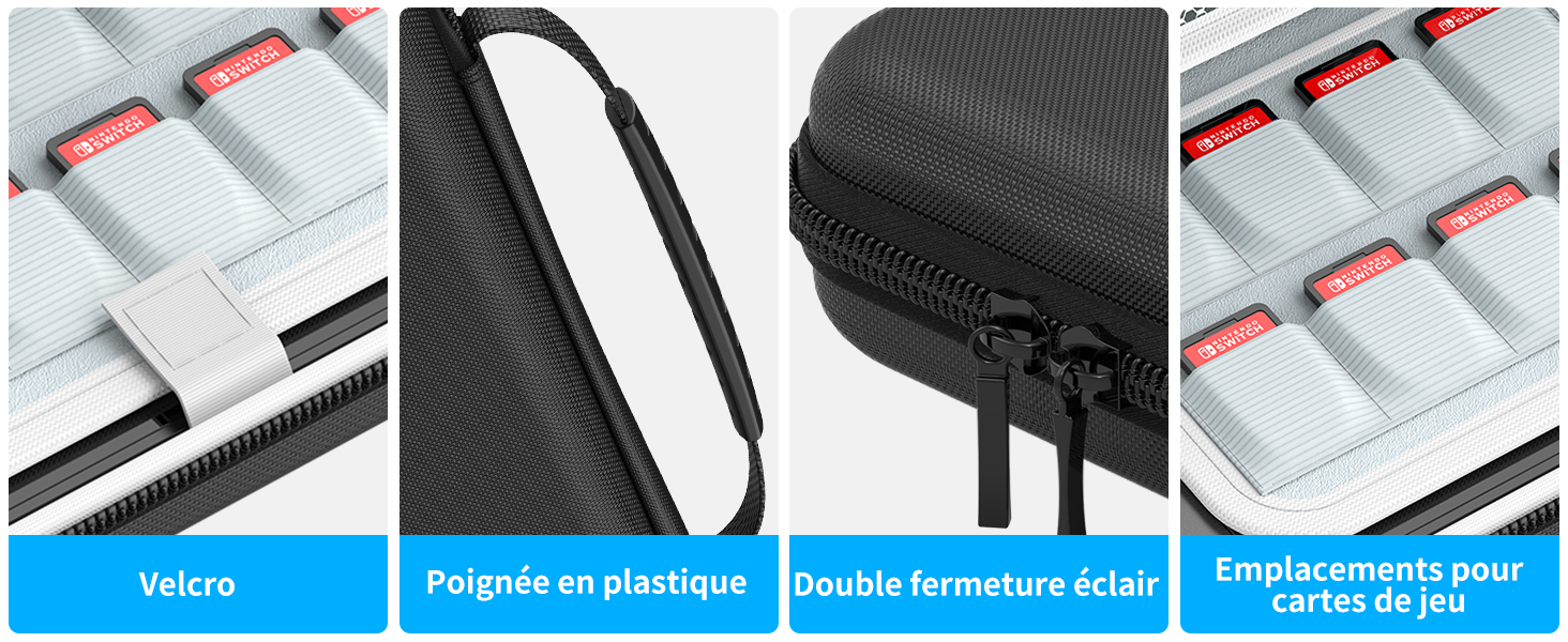 avec fermeture velcro, poignée en plastique, double fermeture éclair et emplacements dédiés aux cartes de jeu. Dispose de couleurs noir et gris clair.