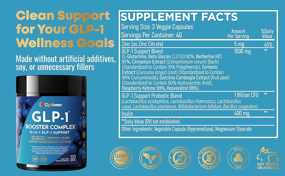 Supplement facts label showing GLP-1 support blend, probiotics, zinc, clean ingredients