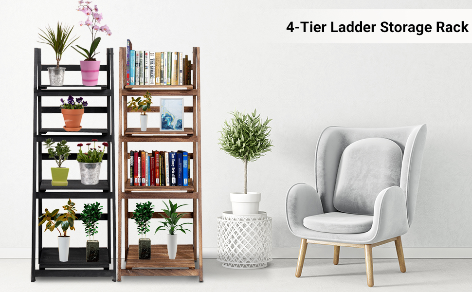 Babion Ladder Shelf, 4Tier Ladder Bookshelf, Rustic Brown Bookcase with Shelves