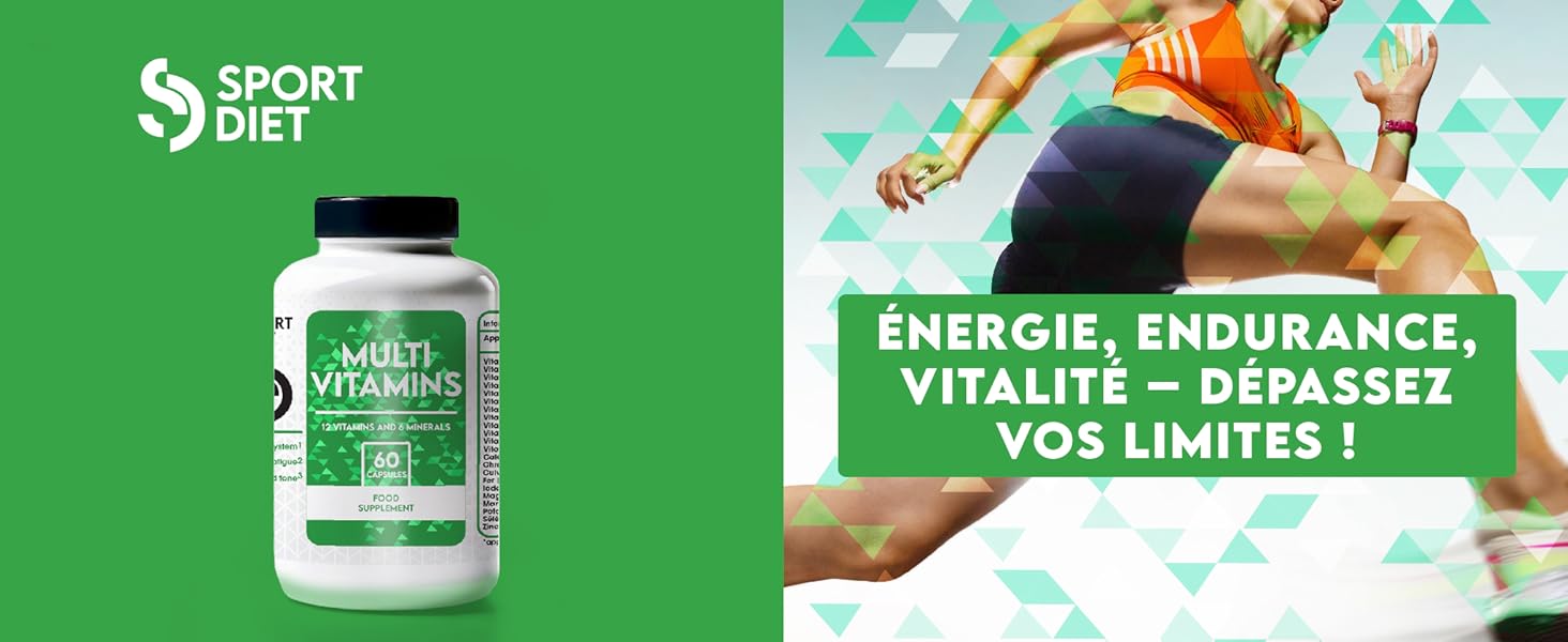 Flacon de supplément multivitaminique à côté d'un athlète qui court. Fond vert avec texte promouvant l'énergie, l'endurance et la vitalité. Logo Sport Diet visible.