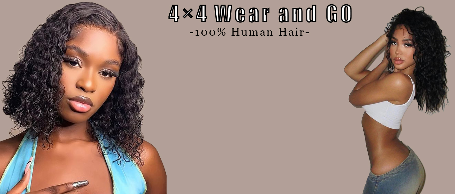 Wear and Go Limfri Bob Parykker Ægte Hår Præplukket Præskåret Vandbølget Krøllet Bob Paryk Ægte Hår Limfri Kort 4×4 Lace Front Parykker Ægte Hår_voghion.com