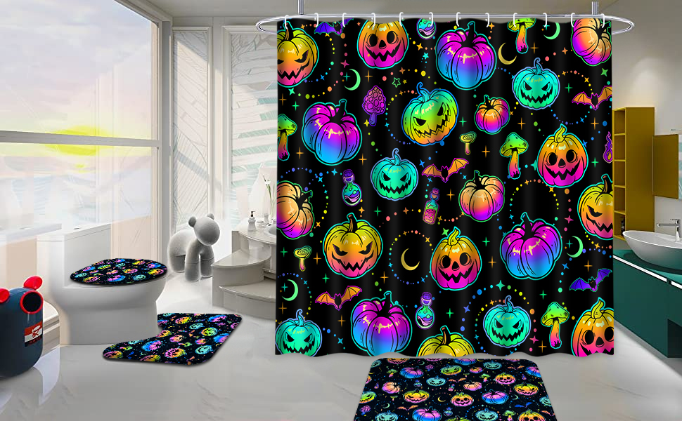 Alishomtll 4 Pcs Blacklight Halloween Shower Curtain Sets with Rugs, UV Reactive