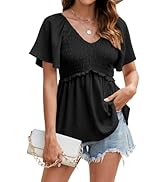 HEYTALALA Women's Summer Peplum Tops Ruffle Trim Short Sleeve Casual V Neck Smocked Blouses Dress...