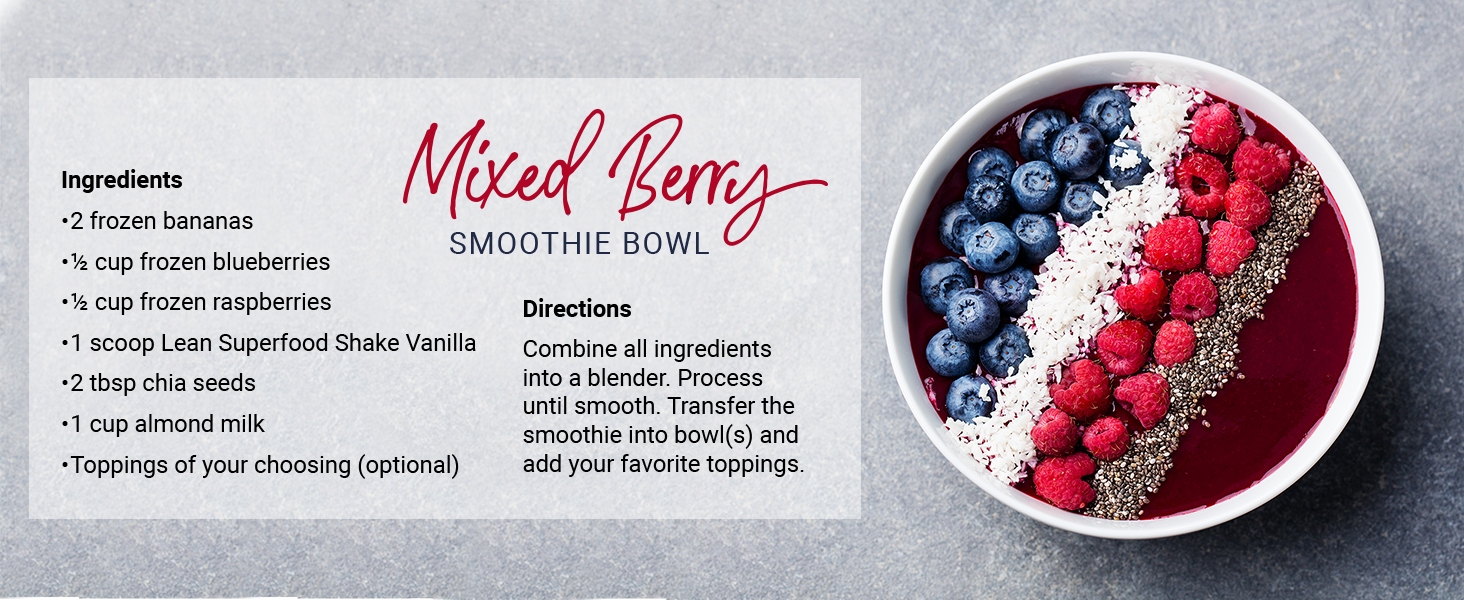 A smoothie bowl with blueberries, raspberries, coconut, chia, and Sunwarrior Lean Superfood Shake