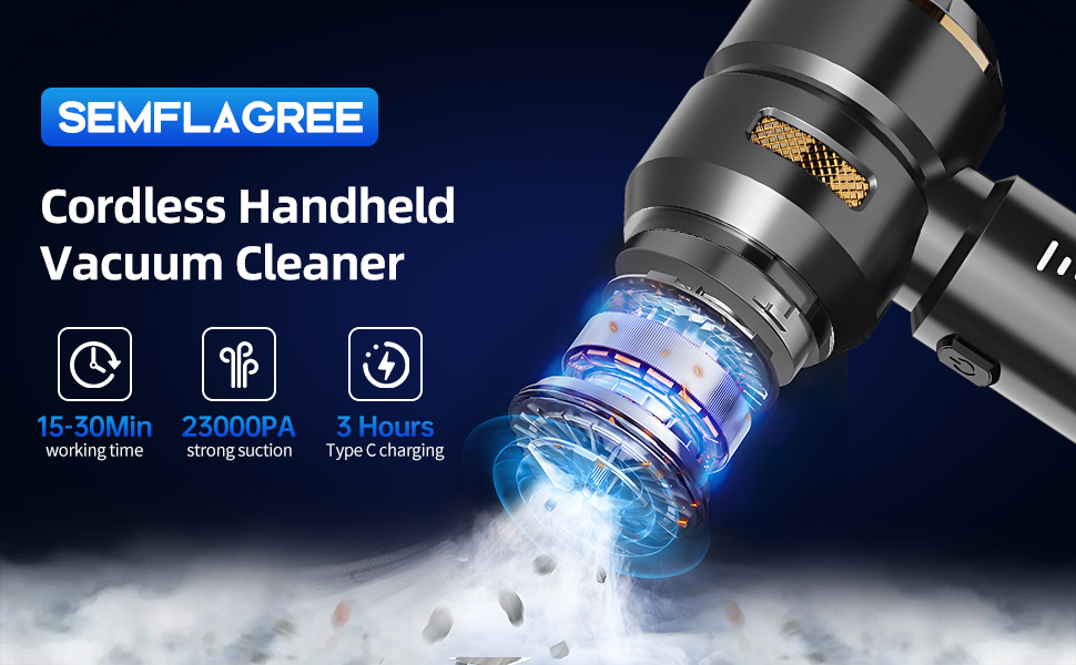 SEMFLAGREE cordless handheld vacuum cleaner with illuminated filter system, featuring 15-30min working time and 22000PA suction power specifications.