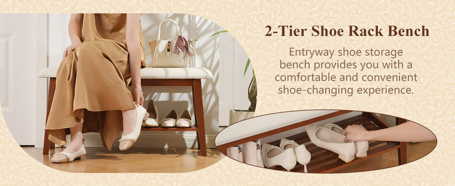 Shoe Bench, Bamboo 2 Tier Shoe Rack Bench, 35.4&#34; Shoe Storage Bench