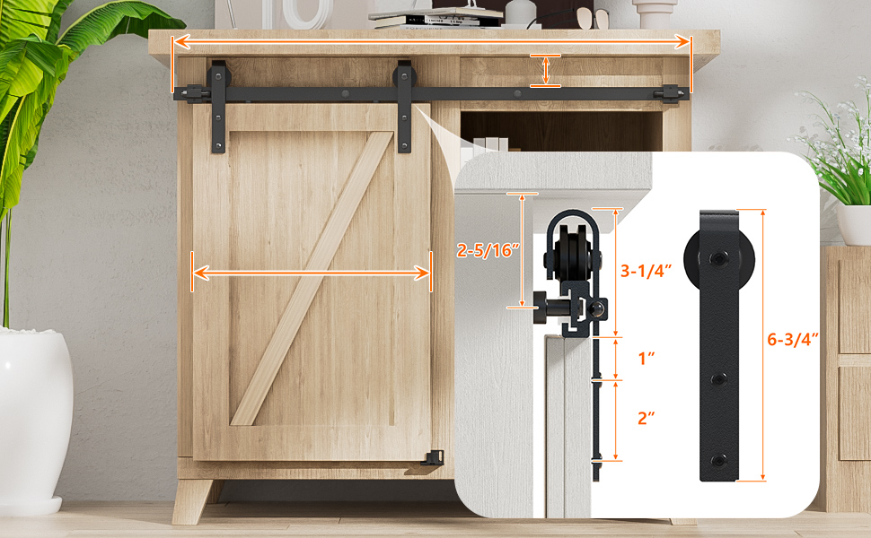 Wooden barn door with black sliding hardware. Product dimensions shown: door height 6'8