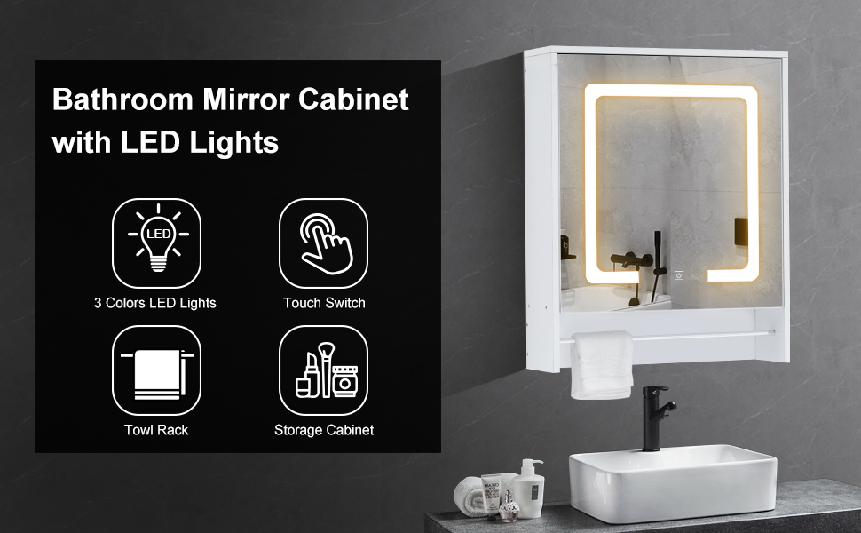 OFCASA LED Bathroom Mirror 1 Door Wall Mounted Storage