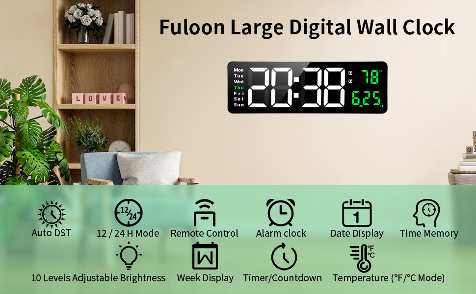 Fuloon Digital Wall Clock, 16.2inch Large Display Digital Alarm Clock