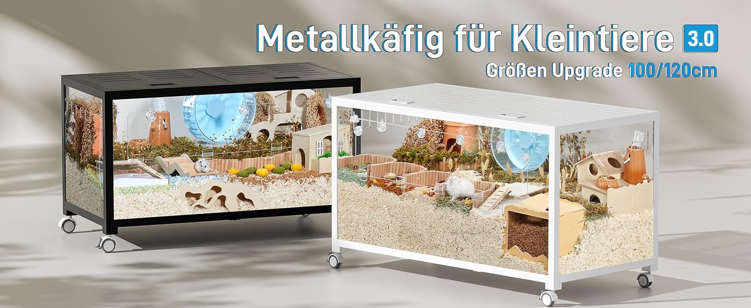 Glasterrarium für KEINTIERE. Recoteckes Gehäuse MIT Metallrahmen, Das im Inneren ein Miniaturlandschacht Zacht. Text in Deutsch Sichtbar.