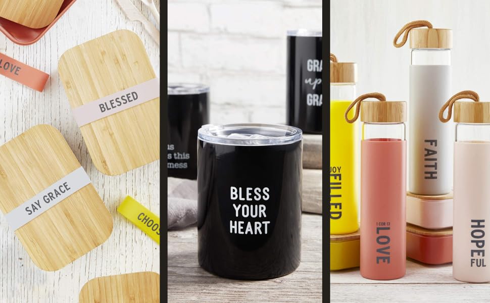 pictures of colorsul water bottles and lunch boxes surround a photo of black stainless steel tumbler
