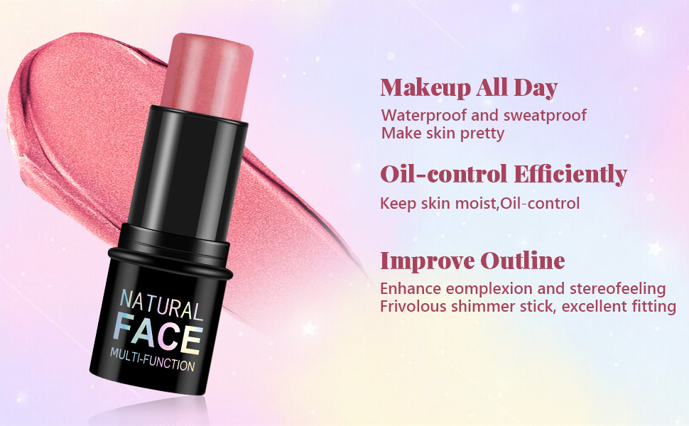 Cylindrical pink and black makeup stick with product smear. Text highlights waterproof, oil-control, and complexion-enhancing features. Product labeled 'Natural Face'.