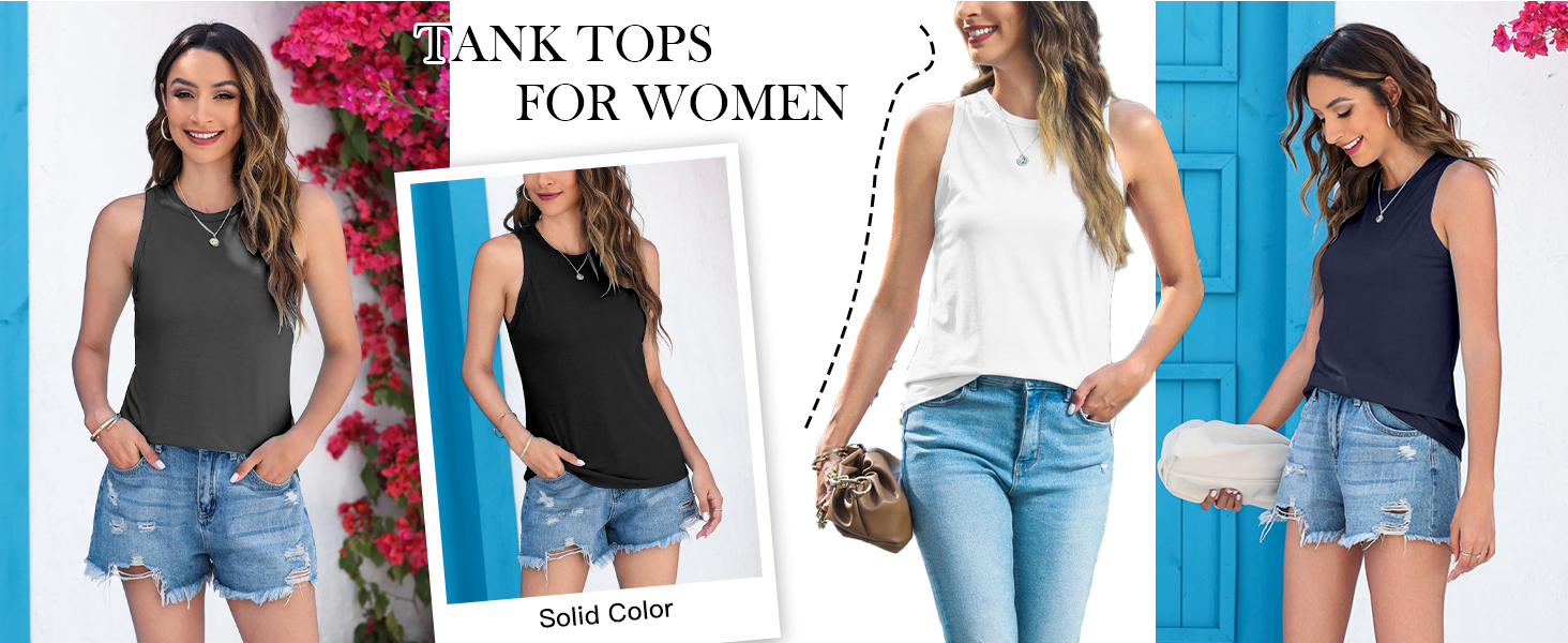 Fisoew Womens' Crewneck Sleeveless Summer Casual Loose Fit Basic Shirts
