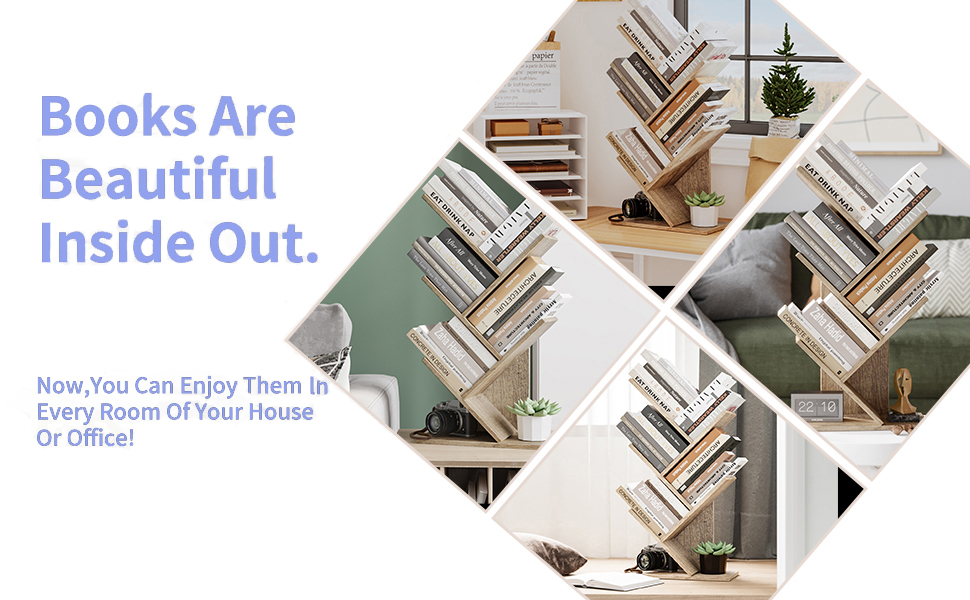 R RUISHENG 4 Shelves Wood Tree Bookcase, Retro Floor