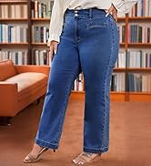 Eytino Women's Plus Size Jeans High Waisted Straight Leg Stretchy Jeans Trendy Casual Loose Denim...