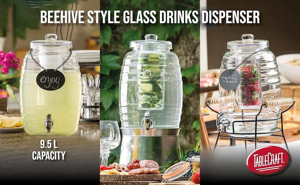 TableCraft 9.5L Beehive Collection™ Clear Glass Beverage Dispenser Jar