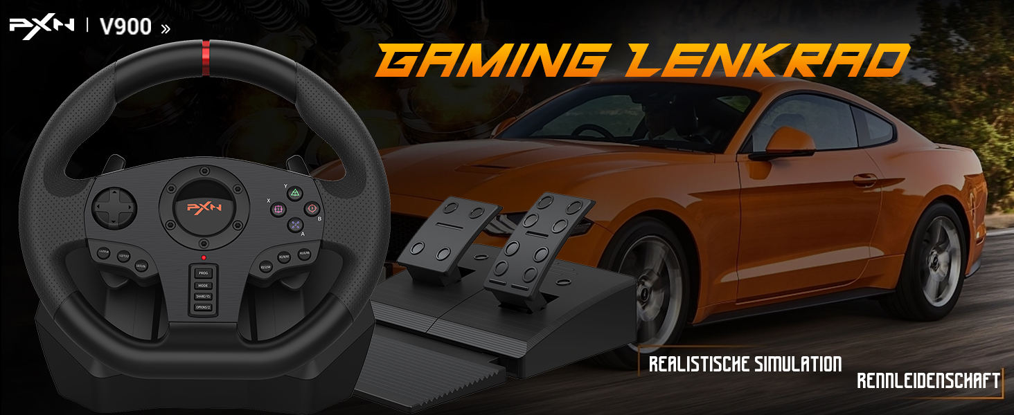 PXN V900 Gaming Lenkrad, PC Lenkrad mit Pedal, 270/900° Lenkbereich, Vibrationen Feedback