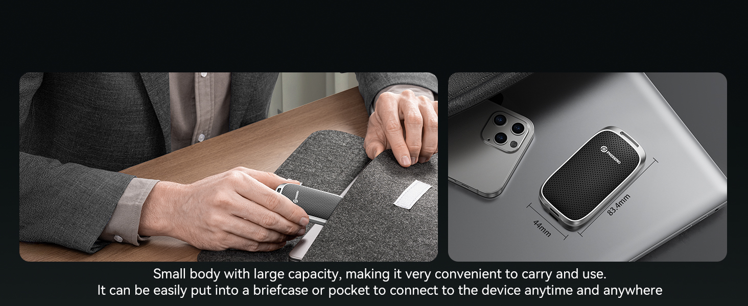 Compact portable charger with large capacity. Gray fabric-covered device shown in hand and next to smartphone, emphasizing its small size for easy transport.
