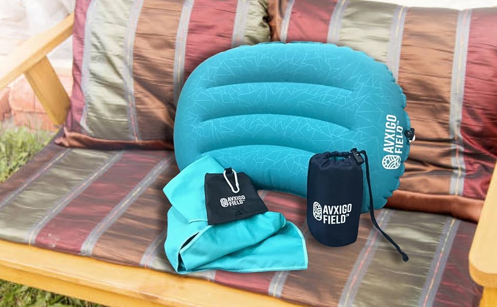 Inflatable Camping Pillow with Face/Hand Microfiber Towel