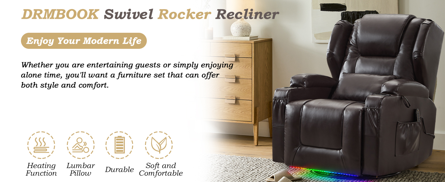 DRMBOOK Leather Rocker Recliner Chairs for Adults, 360