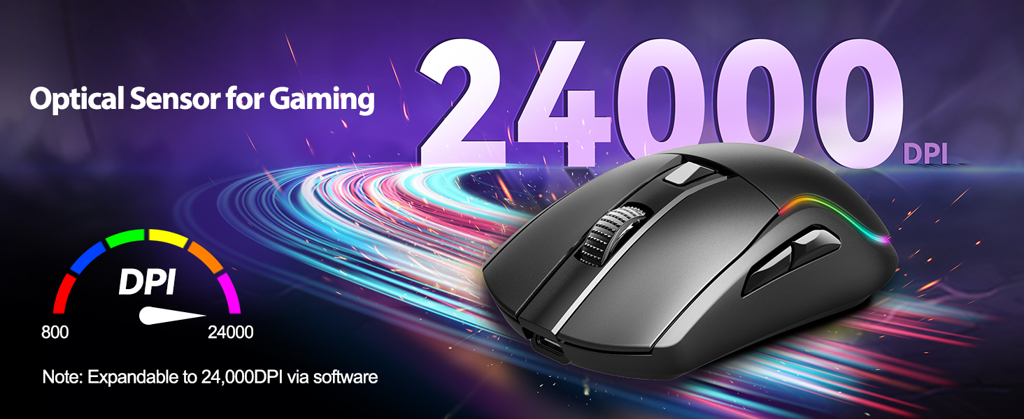 Text reads 'Optical Sensor for Gaming 24000 DPI'. Gaming mouse promotional image with speed lines and DPI indicator graphic.