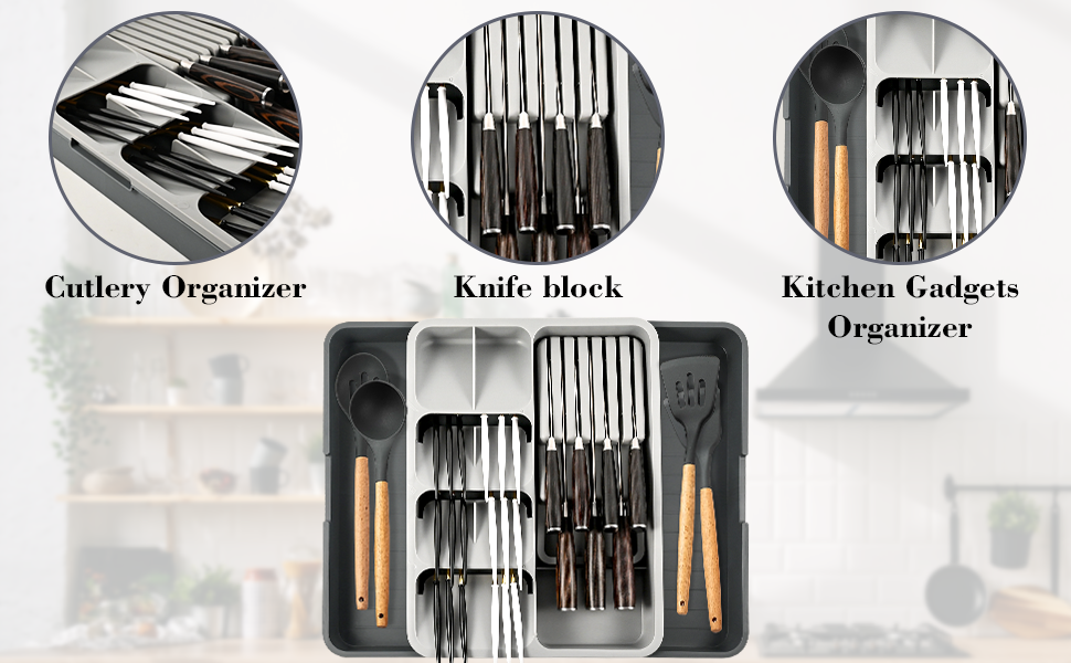 Expandable Silverware Organizer for Drawer with Knife